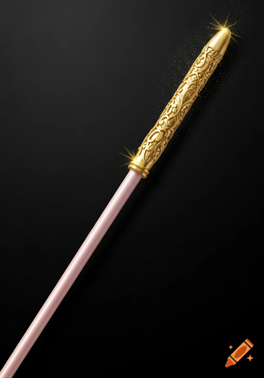 An elegant pink and gold magic wand with ornate gold filigree and sparkling dust on a dark background.