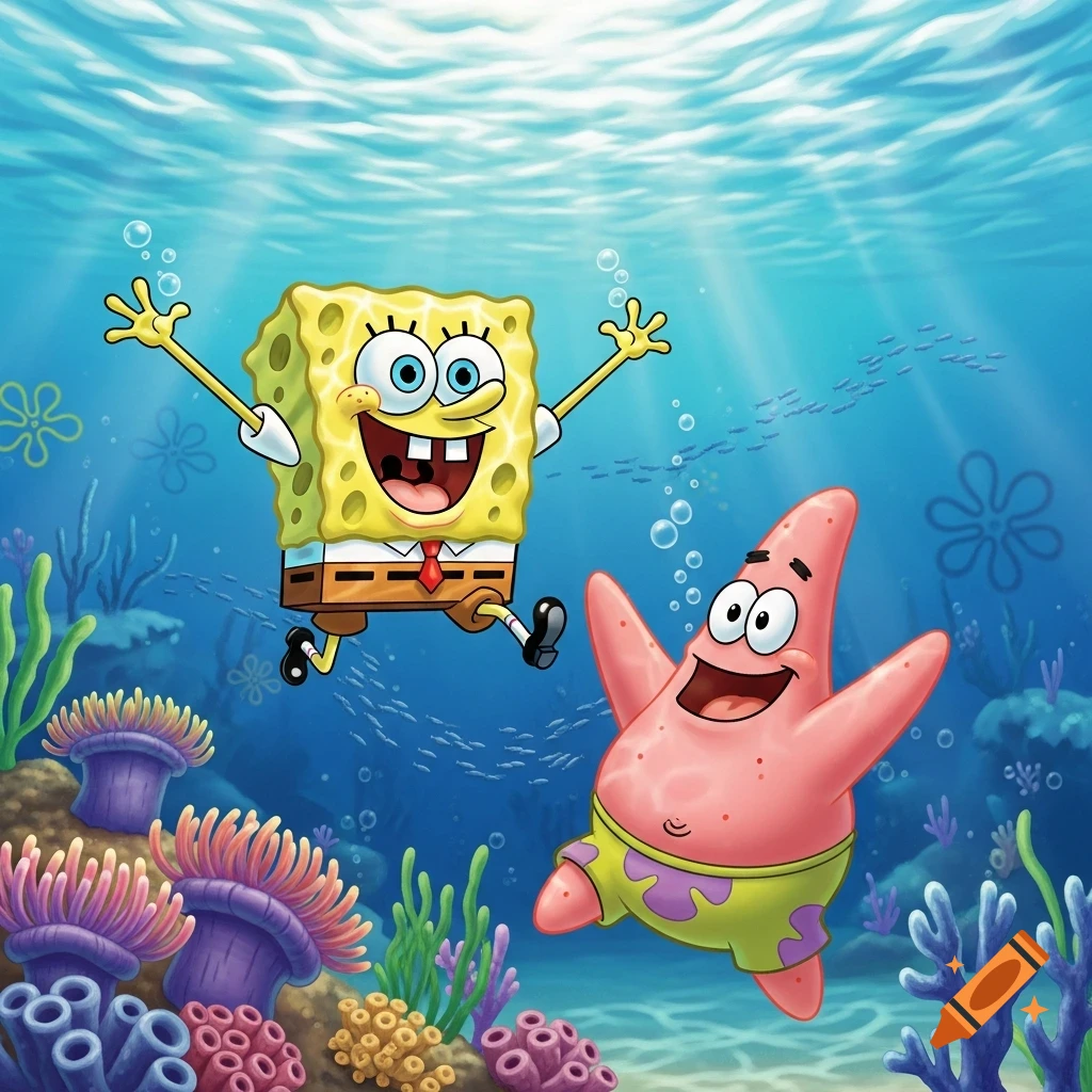 SpongeBob SquarePants and Patrick Star happily swim through a vibrant underwater scene with colorful coral and anemones.