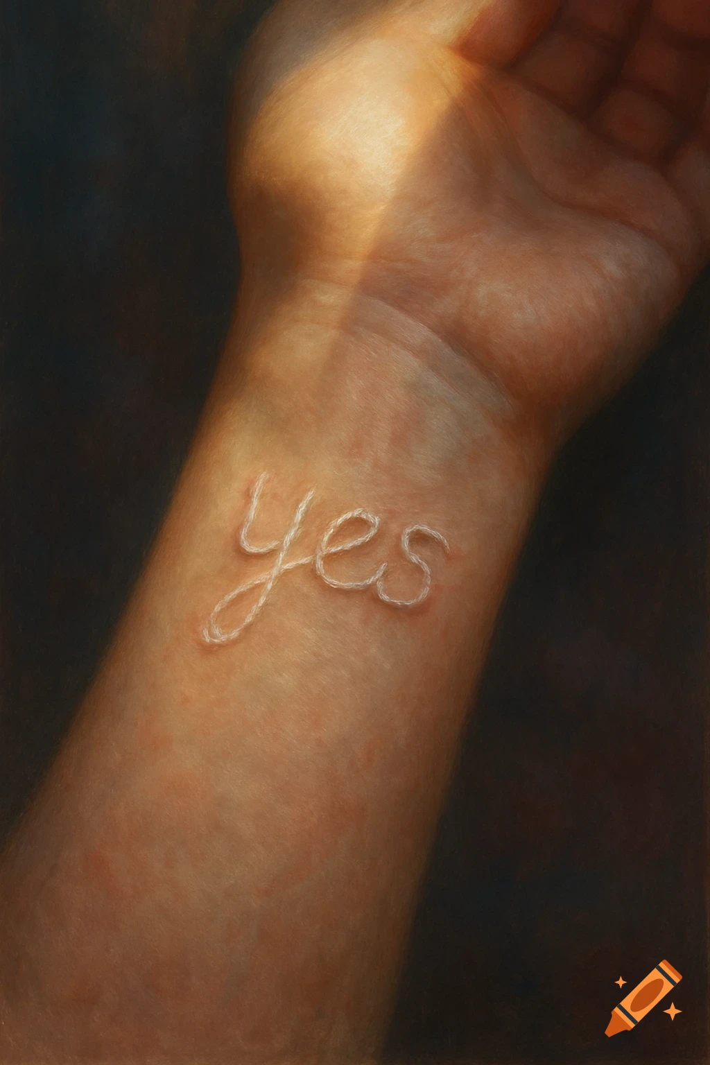 A close-up, photorealistic view of a human wrist with the word 'yes' subtly formed as a raised scar on the skin.