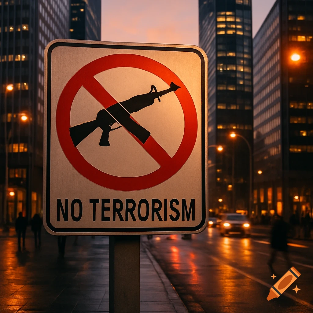 A photorealistic 'NO TERRORISM' sign with a crossed-out rifle stands on a wet city street at dusk, with illuminated buildings and cars.