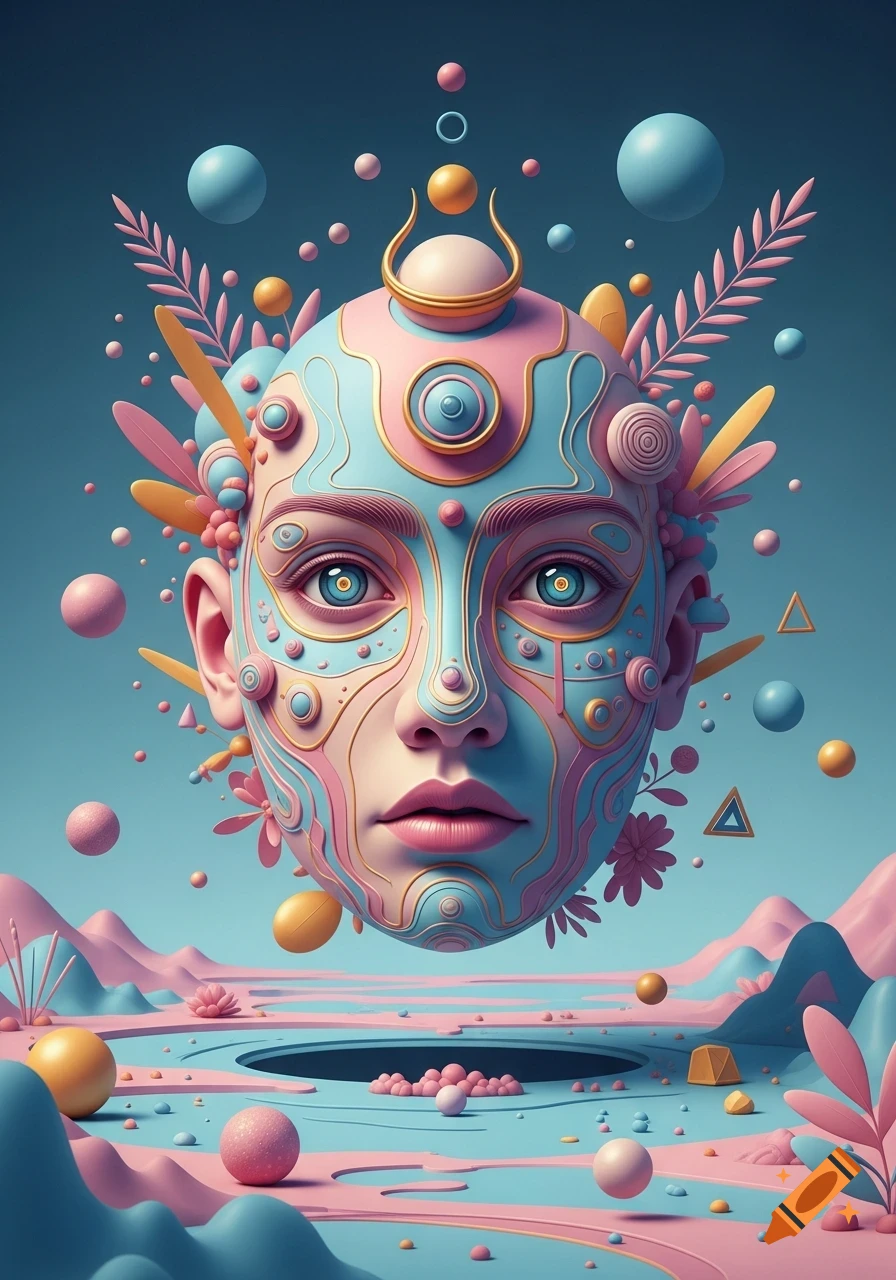 A surreal 3D rendered face in blue, pink, and gold, adorned with geometric shapes and flora, floats above a pastel landscape.