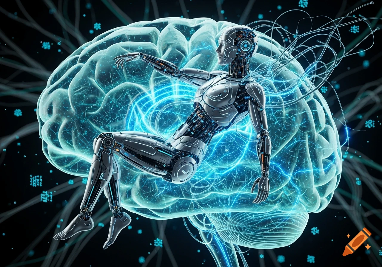 A detailed metallic cyborg figure sits within a glowing, translucent human brain, surrounded by blue neural connections and digital elements.