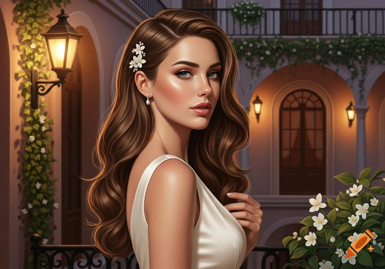 A beautiful woman with long brown wavy hair in a white dress, wearing flower clips, stands on a balcony against an elegant building with lanterns and ivy at dusk, photorealistic style.