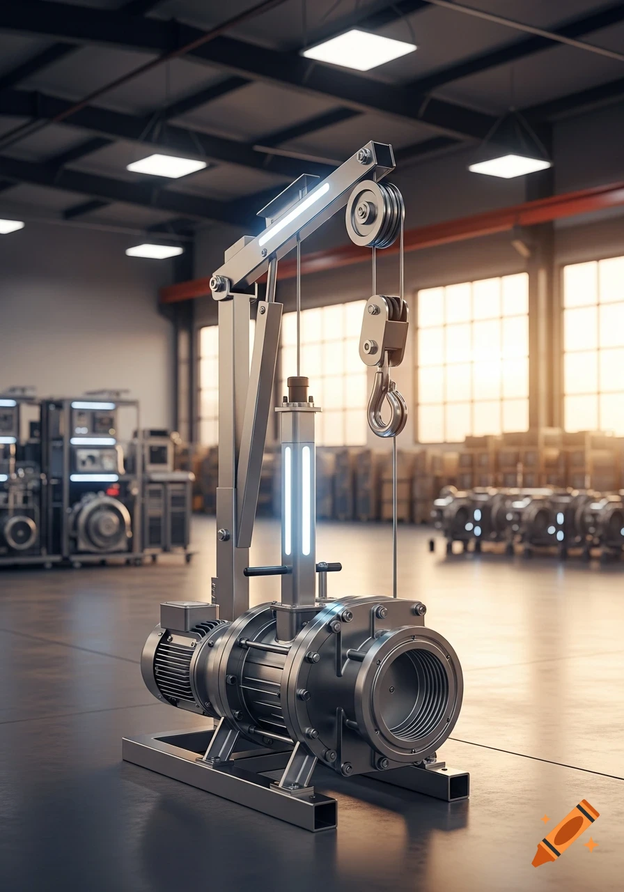 A metallic portable pump hoist with a large pump on its base, in a sunlit industrial warehouse.