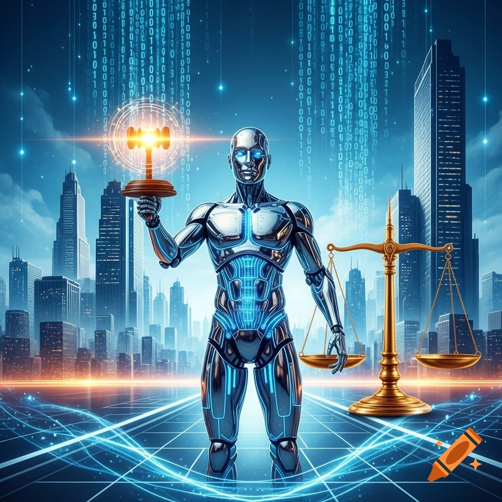 A metallic robot holds a glowing gavel next to scales of justice in a futuristic city with binary code streams.