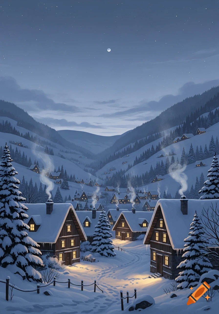 An illustrated snowy village in a mountain valley at night, with warm lights in houses and smoke from chimneys under a crescent moon.