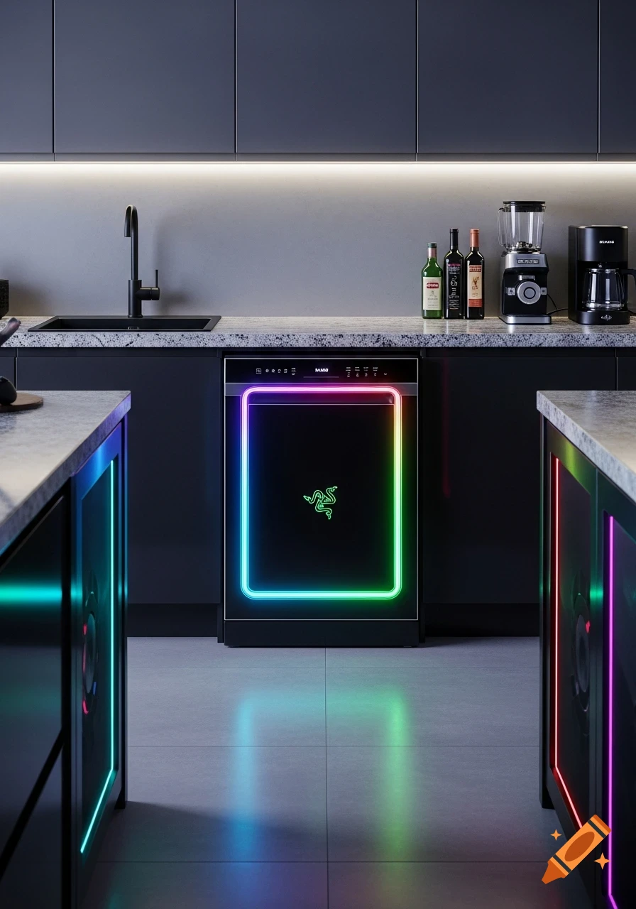 Modern kitchen with a black Razer RGB gaming dishwasher and under-cabinet lighting, showing colorful reflections on the floor.