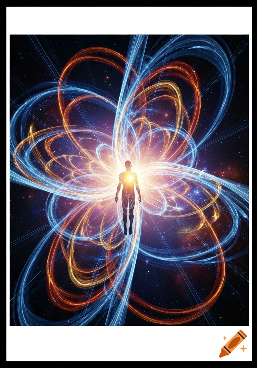 A glowing human silhouette floats amid swirling blue and orange energy ...