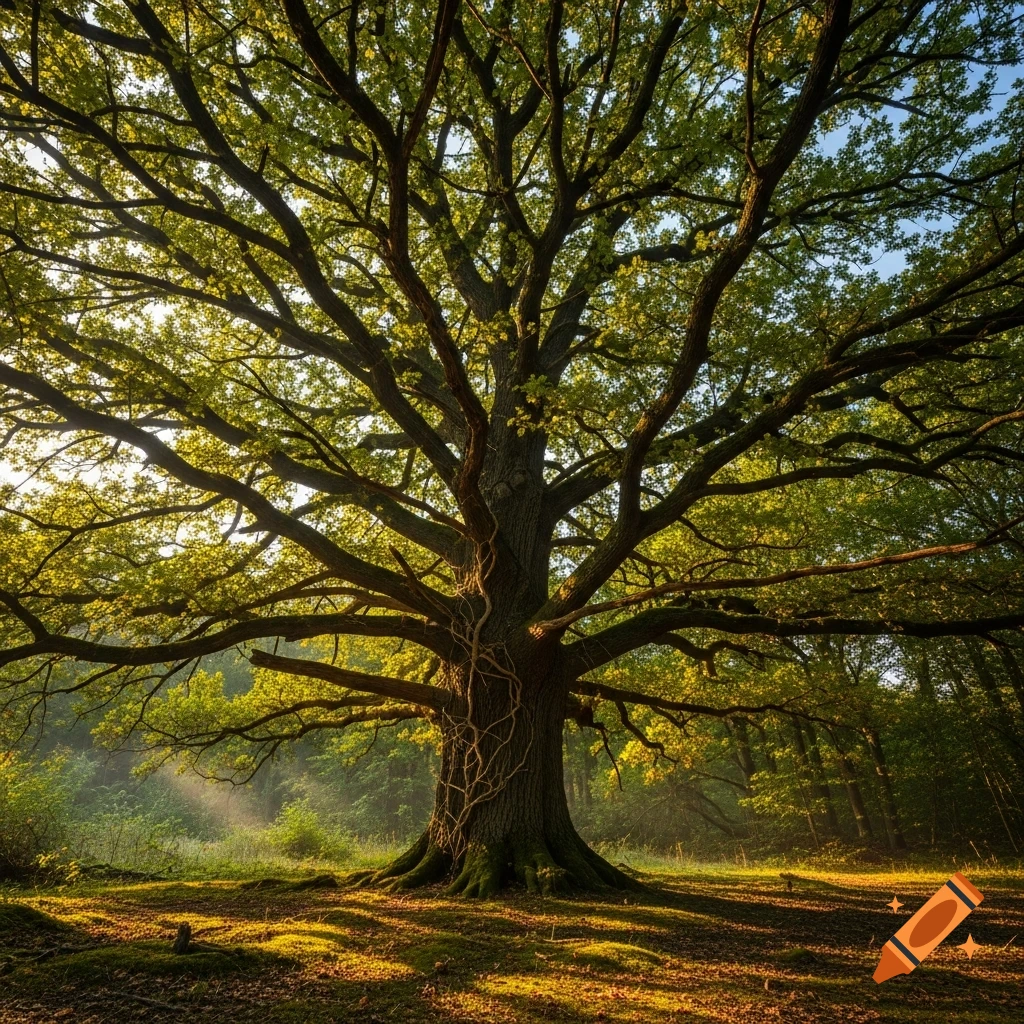 A majestic, old tree with wide-spreading branches and green leaves, illuminated by golden sunlight in a misty forest. Photorealistic.