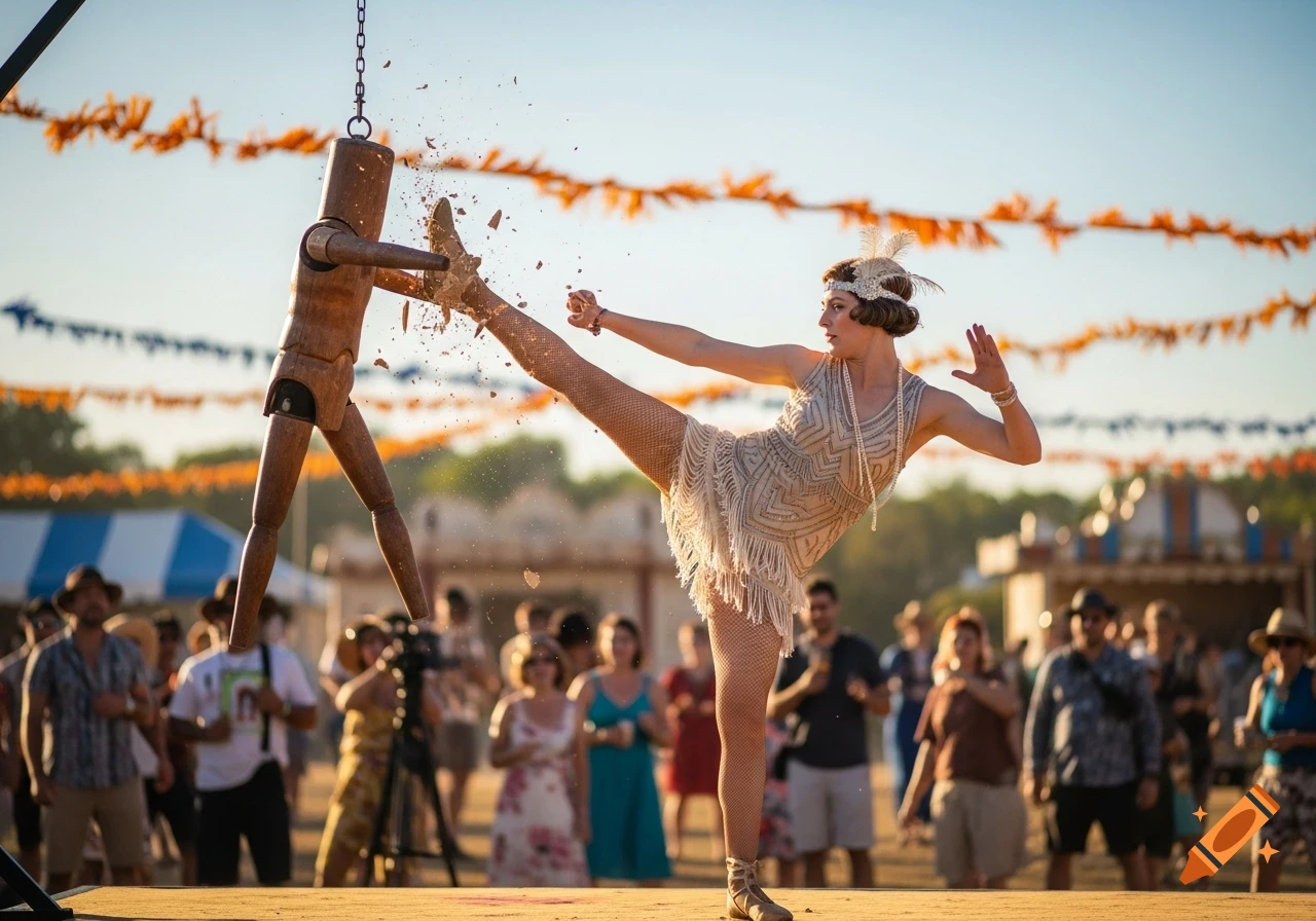 A 1920s female dancer in a flapper dress high-kicks a hanging wooden practice dummy, breaking it, during an outdoor performance.