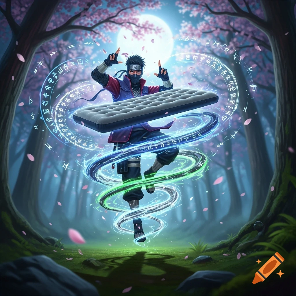 An anime-style ninja performs a jutsu, summoning an air mattress amid glowing magic in a moonlit cherry blossom forest.