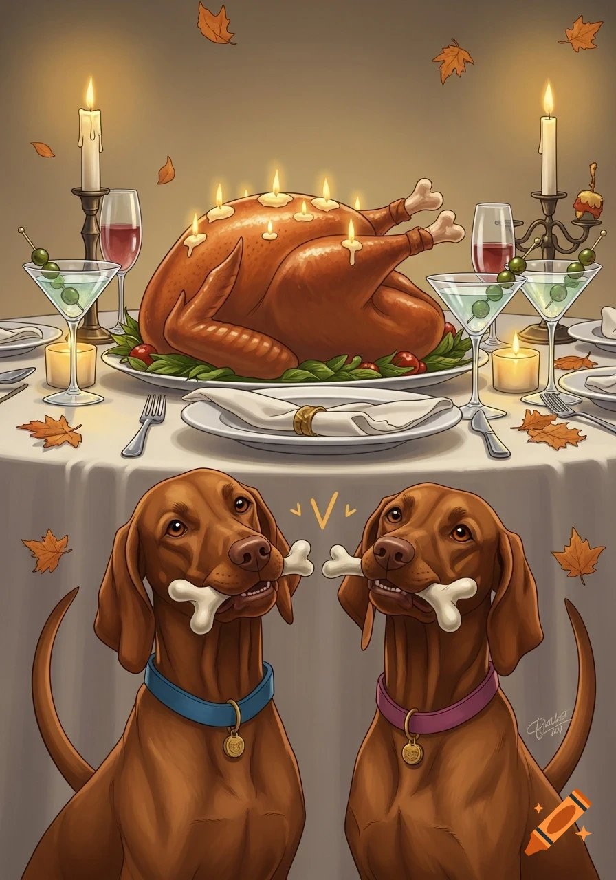 Two brown Vizsla dogs hold a wishbone in front of a Thanksgiving dinner table with a candle-adorned roasted turkey.