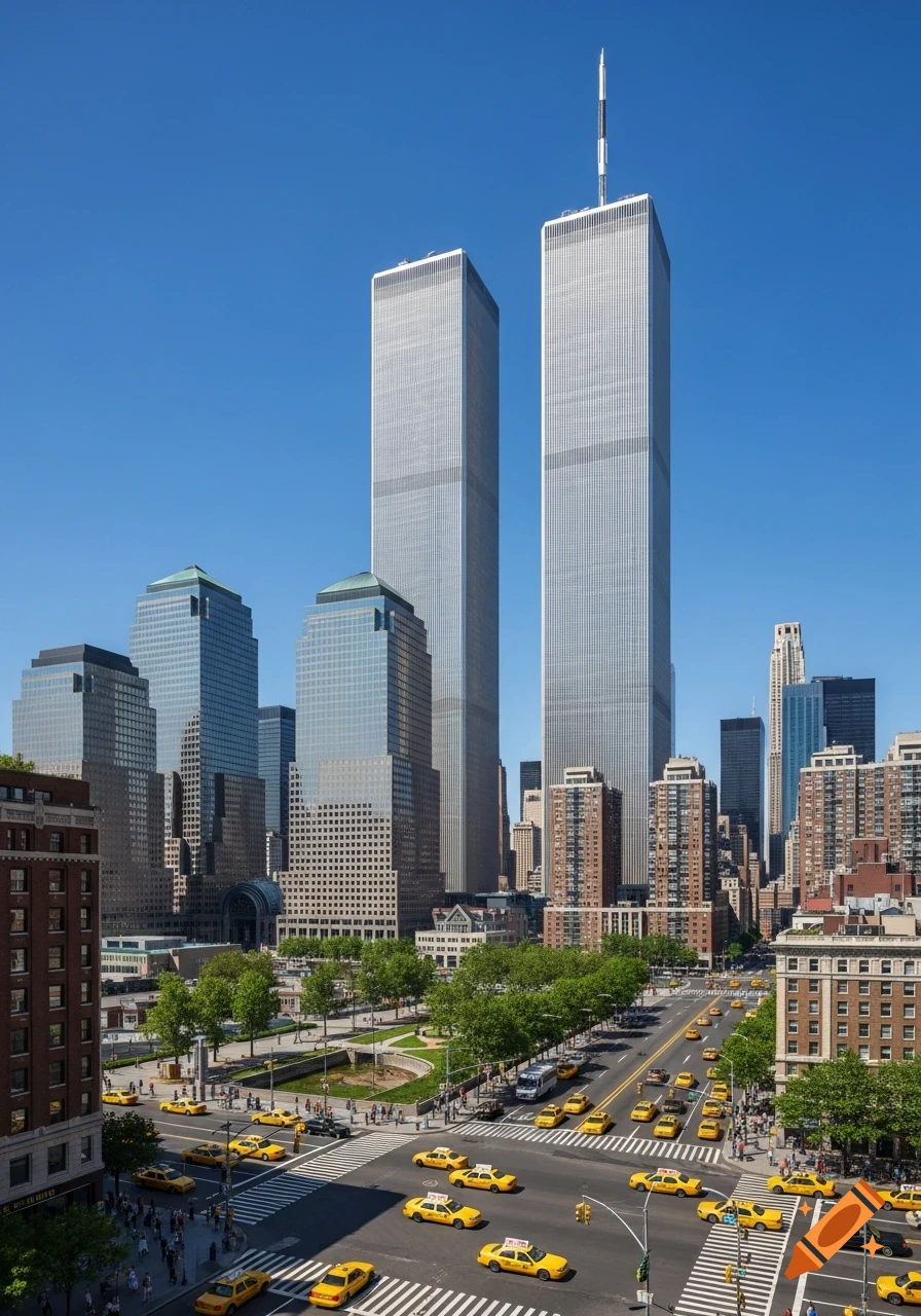 Photorealistic aerial view of the Twin Towers and surrounding New York City cityscape with yellow taxis on a busy street.