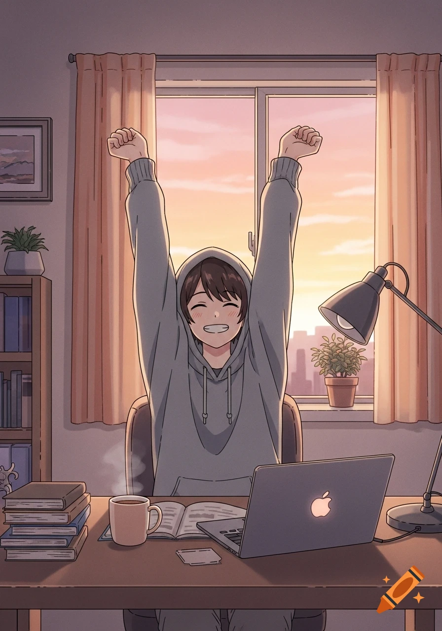 An anime character with a gray hoodie stretches happily at a desk with a laptop, coffee, and books, lit by a sunset.