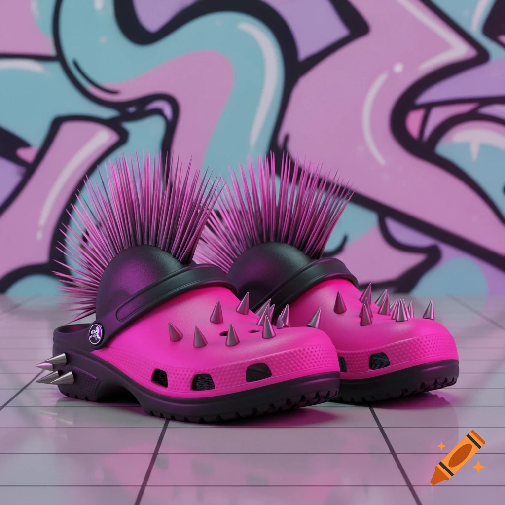A pair of bright pink Crocs with black soles, metal spikes, and pink mohawk crests, on a tiled floor in front of a blue and pink graffiti wall.