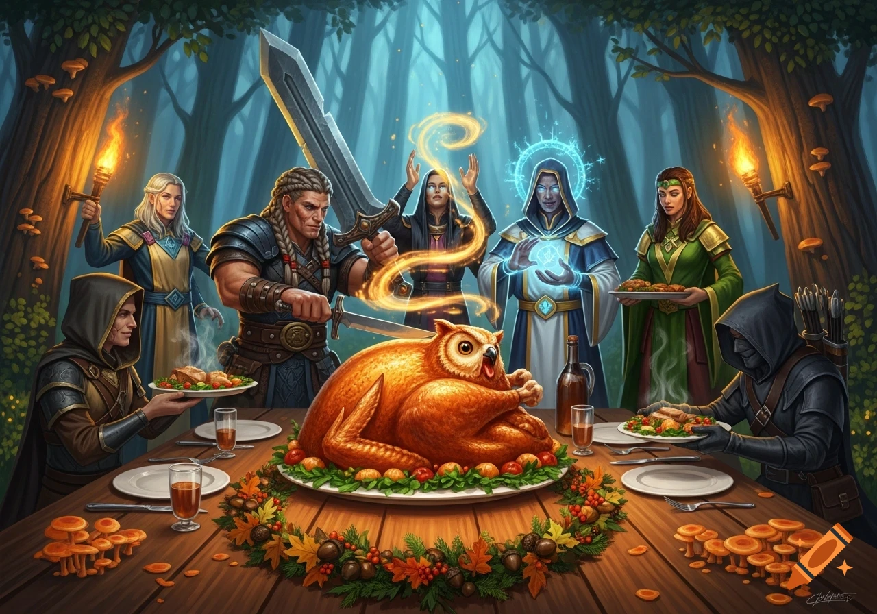 A group of diverse fantasy characters including a barbarian, mages, and a rogue, gather in a magical forest setting around a table with a roasted owlbear, surrounded by autumn decorations, celebrating a feast.