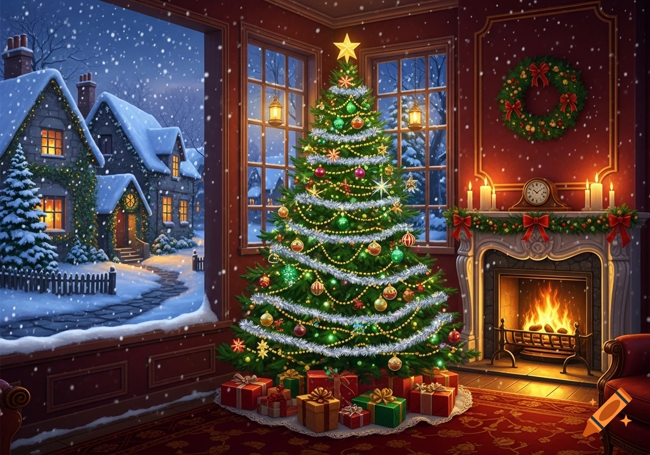 A cozy Christmas scene with a decorated tree and gifts by a fireplace ...