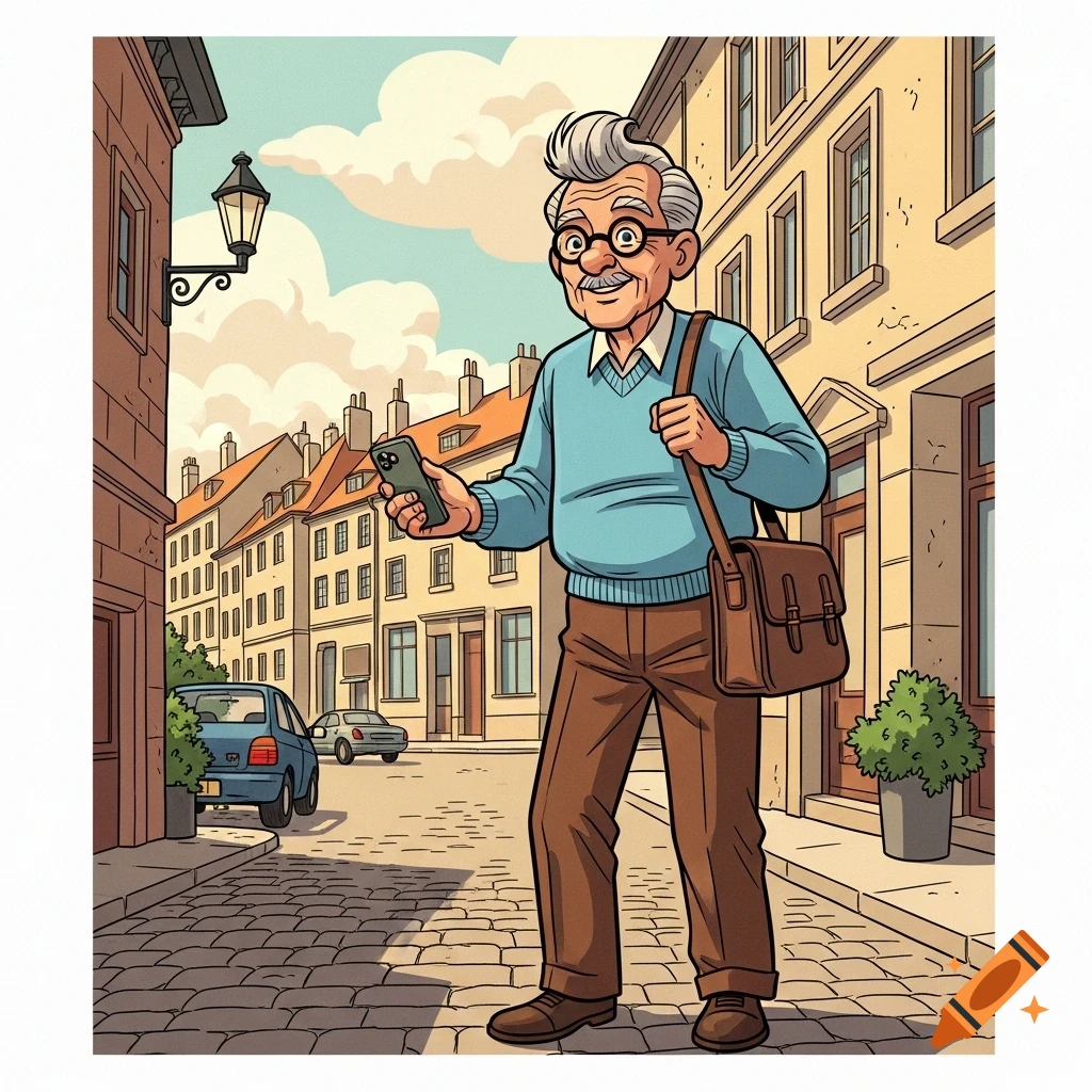 A cartoon old man with grey hair and glasses walks on a cobblestone street, holding a smartphone, with European buildings in the background.