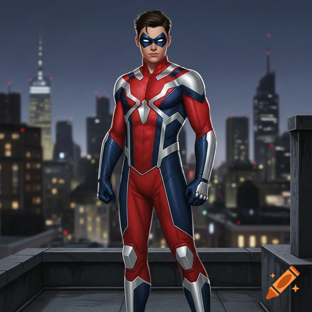 A young male superhero in a red, navy blue, and silver suit with a mask stands on a city rooftop at night in a realistic comic art style.