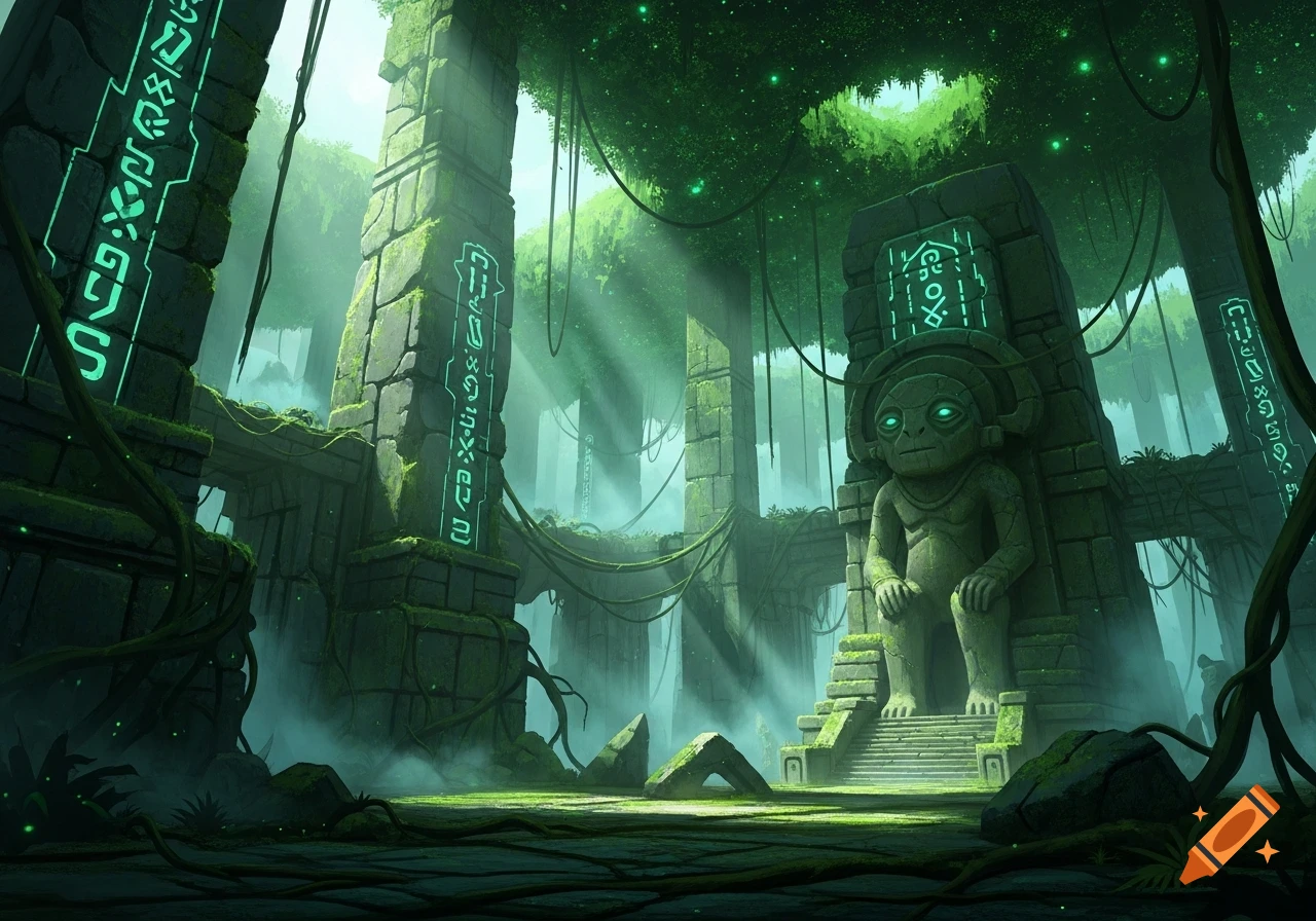 A lush, misty jungle with ancient, moss-covered stone ruins and a large monkey-like statue, all adorned with glowing green alien symbols. Fantasy art style.