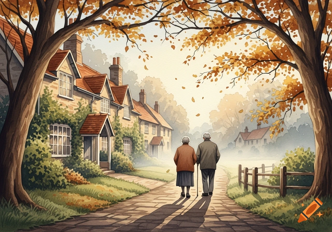 Two elderly people walk down a path past charming village houses with autumn trees overhead, in a watercolor style.