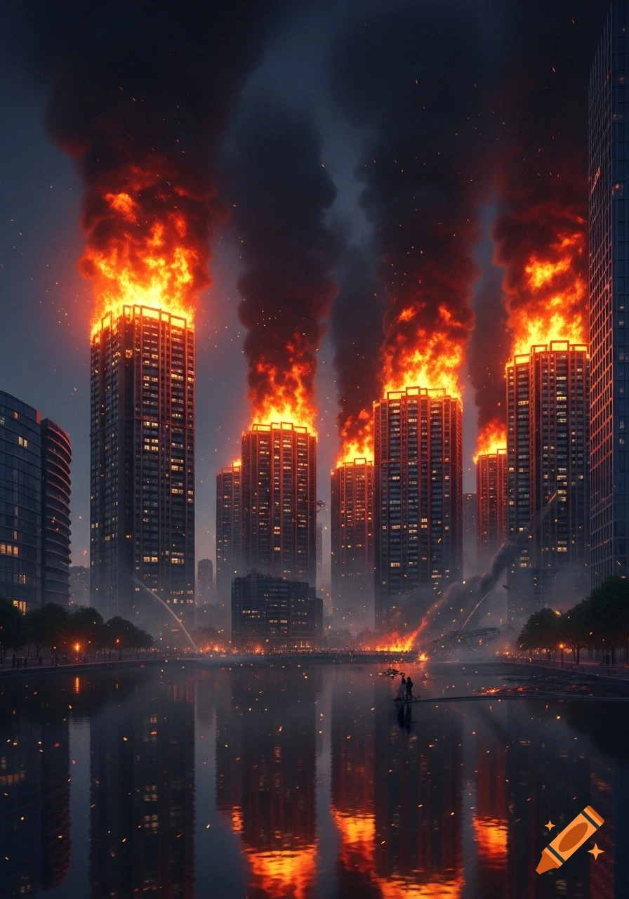 Photorealistic image of multiple tall apartment buildings engulfed in large, bright orange flames and dark smoke, reflected in a river.