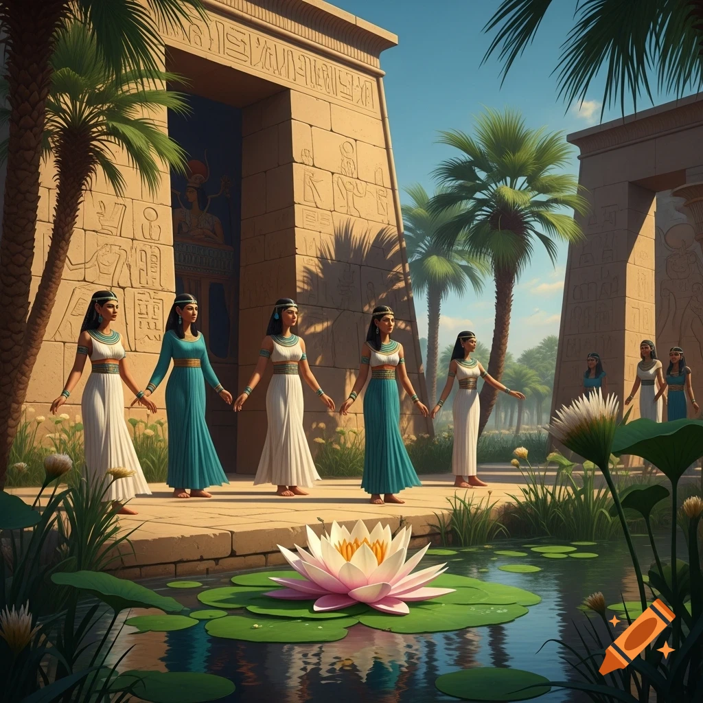 Women in ancient Egyptian attire walk past a temple with hieroglyphs and a pond with a pink lotus flower.