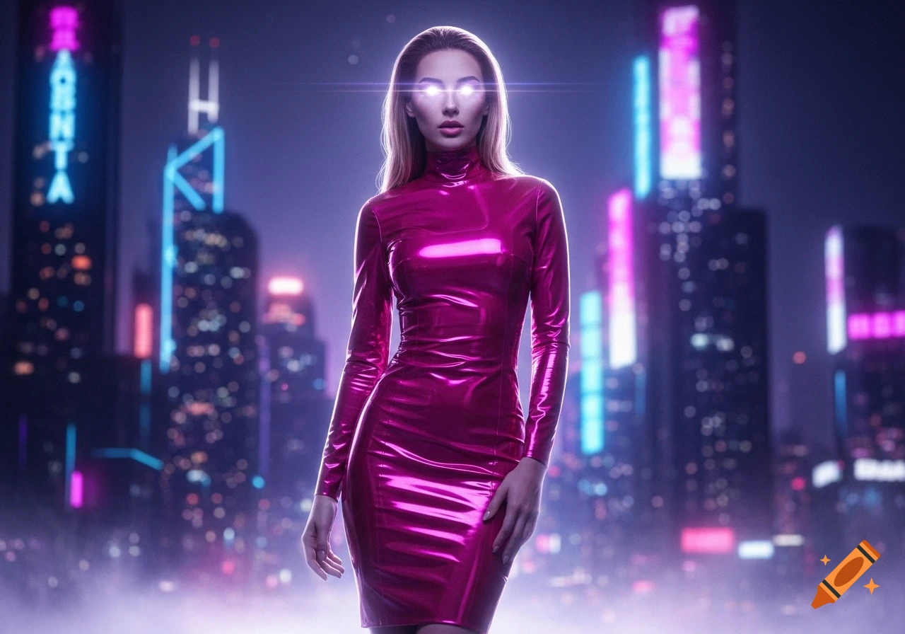 Woman in a shiny pink latex dress with glowing eyes stands in a neon ...