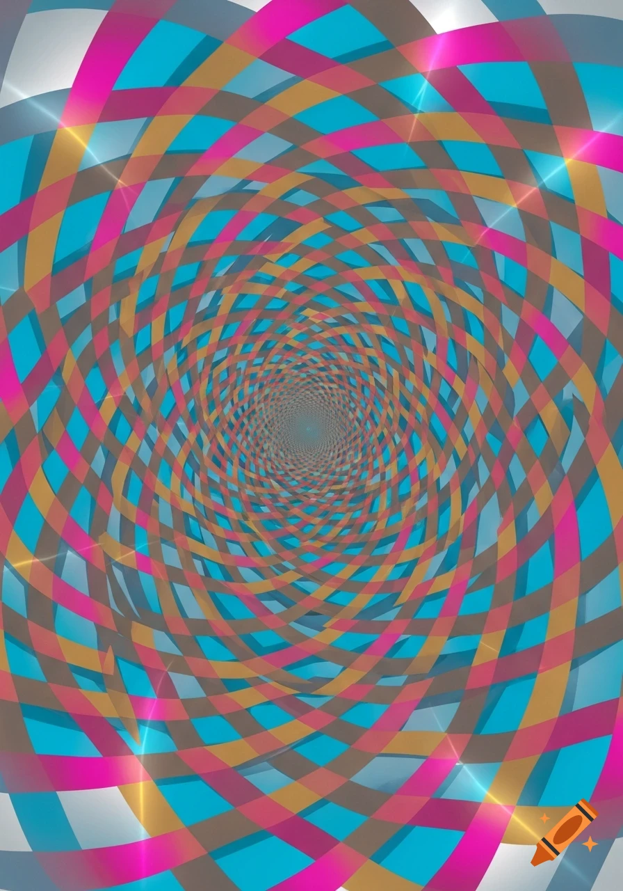 A vibrant, abstract optical illusion featuring swirling bands of pink, orange, and blue colors receding into a central point, with subtle light glares.