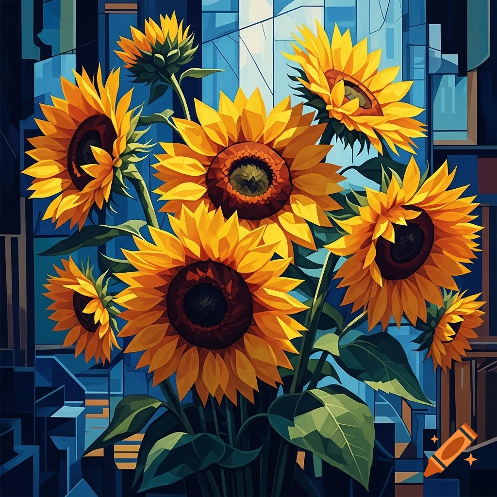 Cubist style painting of vibrant yellow sunflowers against a geometric blue background.