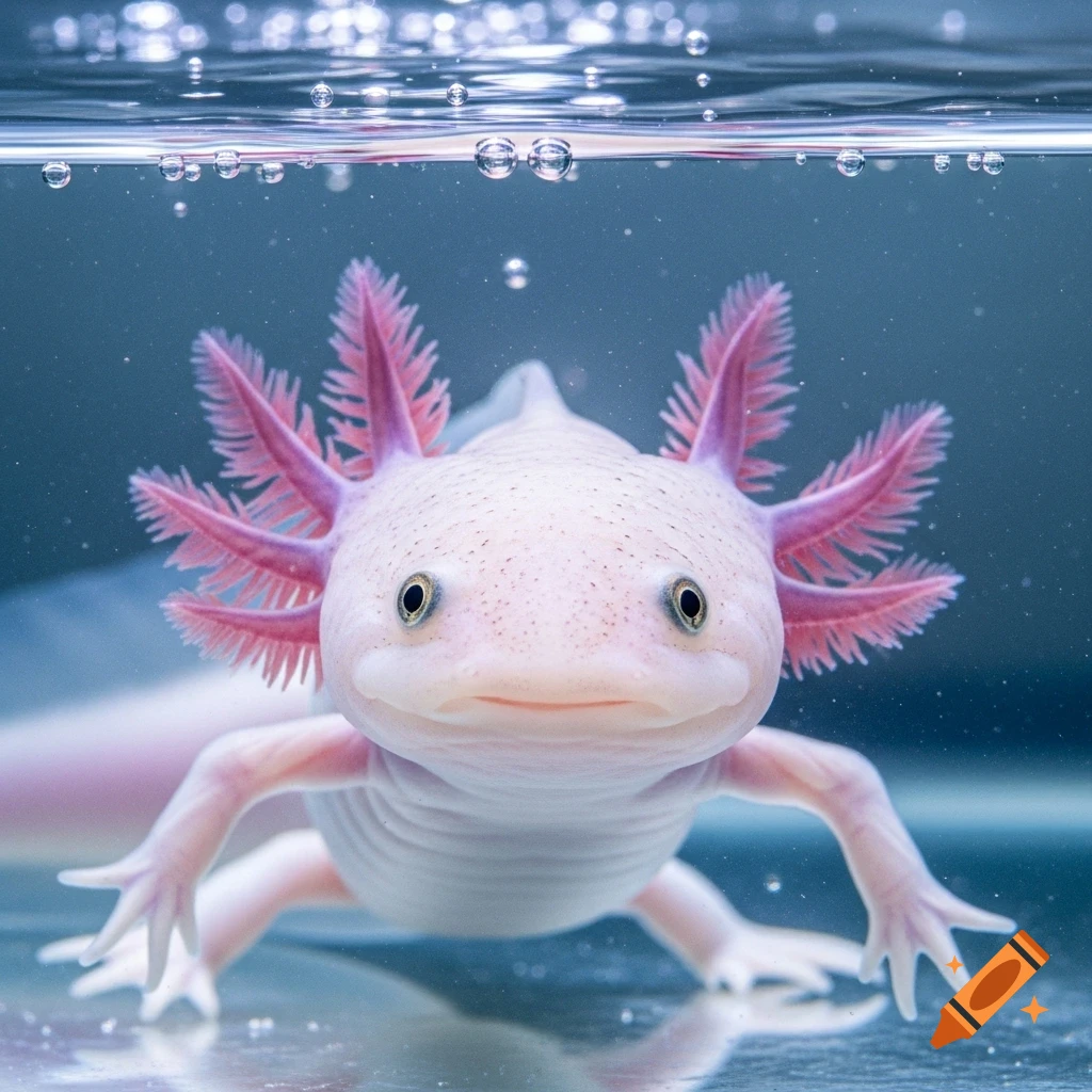 Close-up of a pink axolotl with feathery gills looking directly at the viewer underwater with bubbles.
