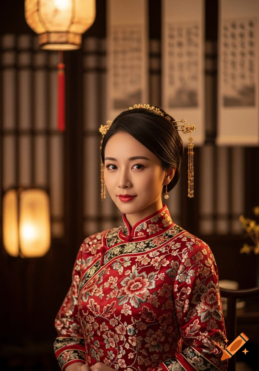 A woman in a red embroidered traditional Chinese dress and golden hair ornaments, looking directly at the viewer.