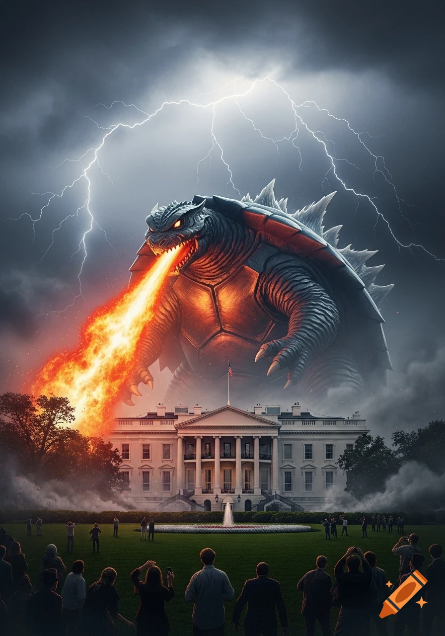 A giant Gamera-like kaiju breathes fire over the White House under a stormy, lightning sky as people watch in awe.