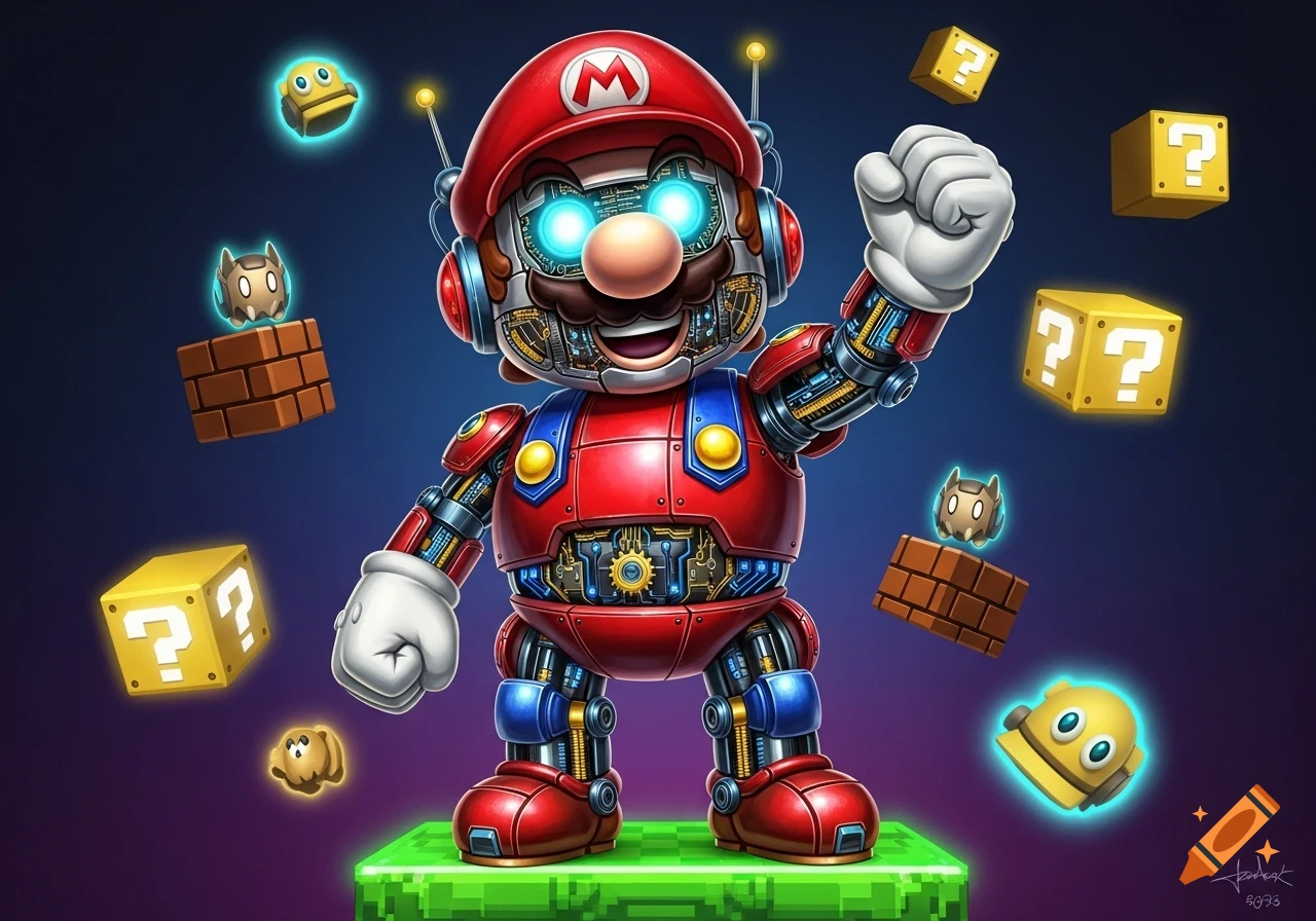 An illustration of a robotic Super Mario standing on a green block, raising a fist, surrounded by floating question mark blocks and other game elements.