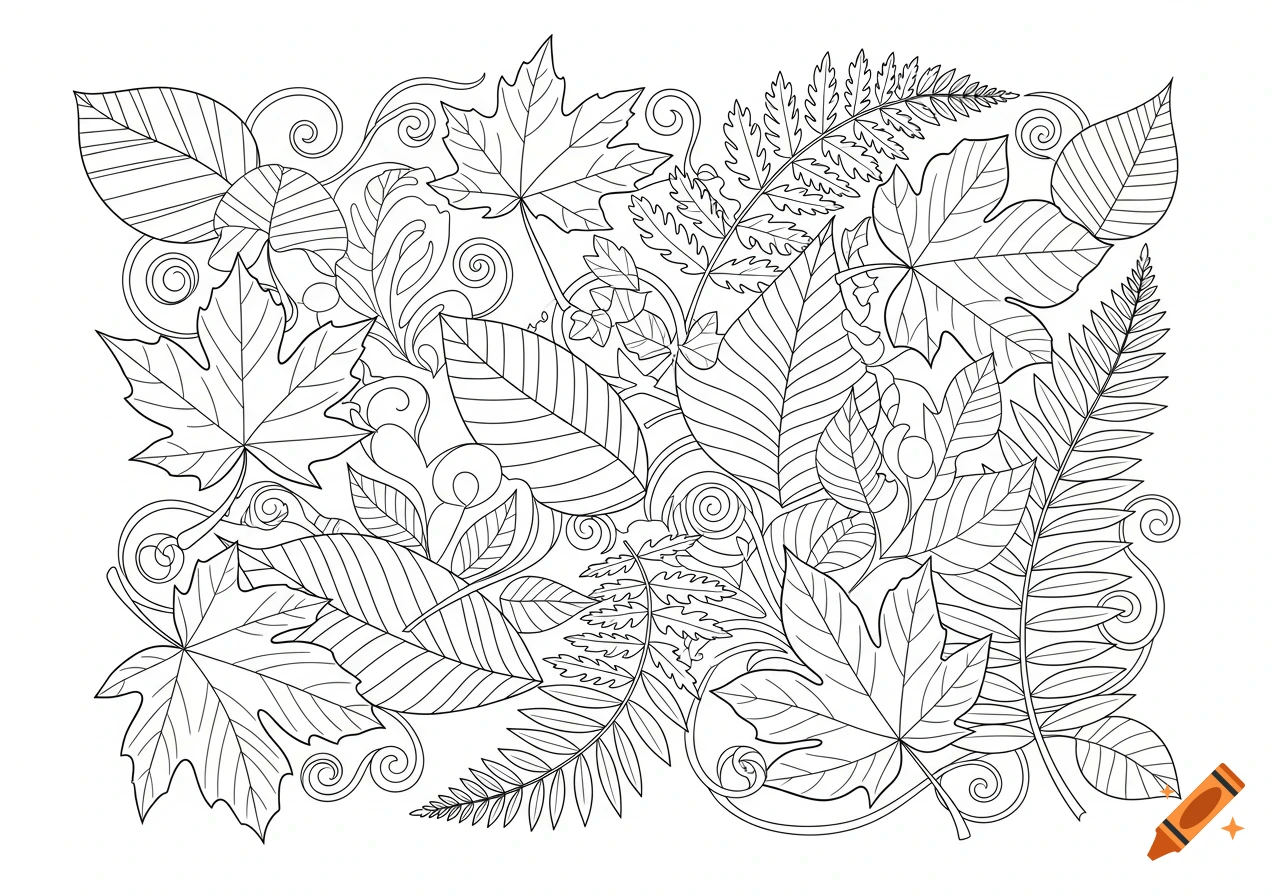 Detailed line art pattern of interlocking varied leaves and ferns.