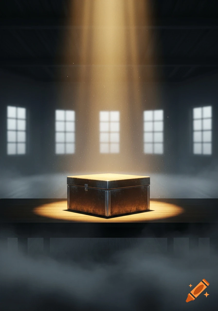 A mysterious metallic box on a wooden table, illuminated by a strong spotlight in a dark, foggy room with distant windows.