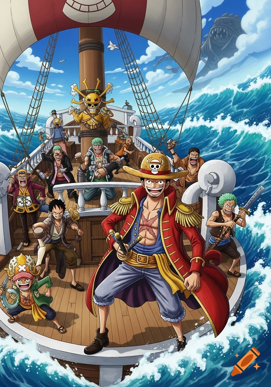 Luffy and the Straw Hat Pirates pose heroically on their ship sailing through rough seas in an anime illustration.