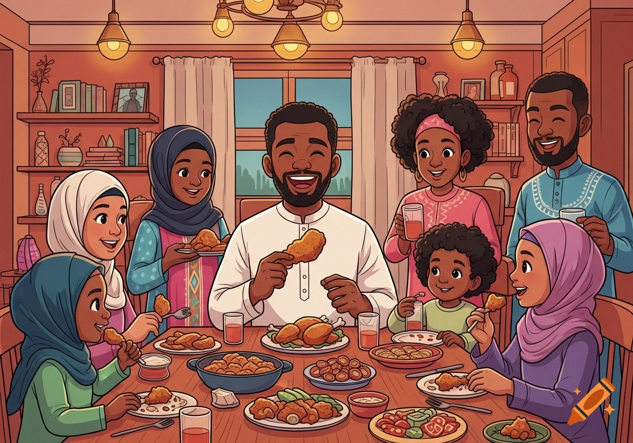 A happy Muslim Black family, including parents and five children, enjoys a meal of fried chicken and other dishes around a dining table in a warm, cartoon-style illustration.