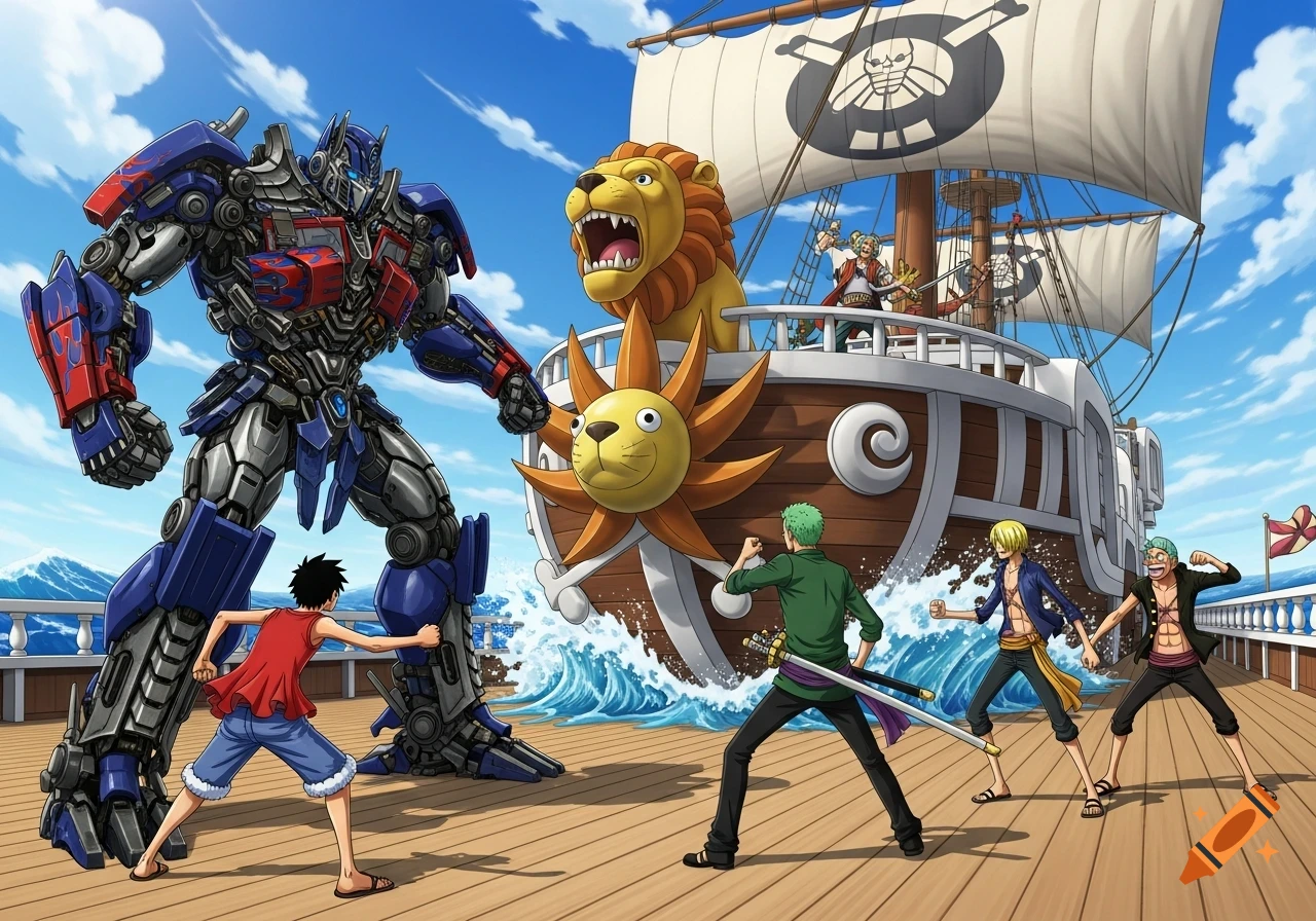 Anime scene of Optimus Prime confronting Luffy, Zoro, and Sanji on the deck of the Thousand Sunny ship at sea.