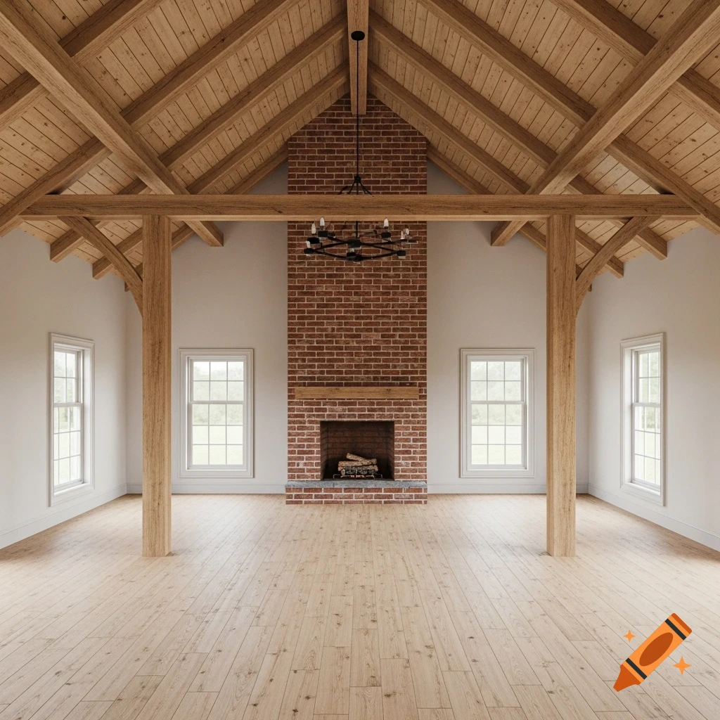 Photorealistic empty post and beam room with vaulted pine ceiling, exposed wooden beams, red brick fireplace, light hardwood floor, and white walls.