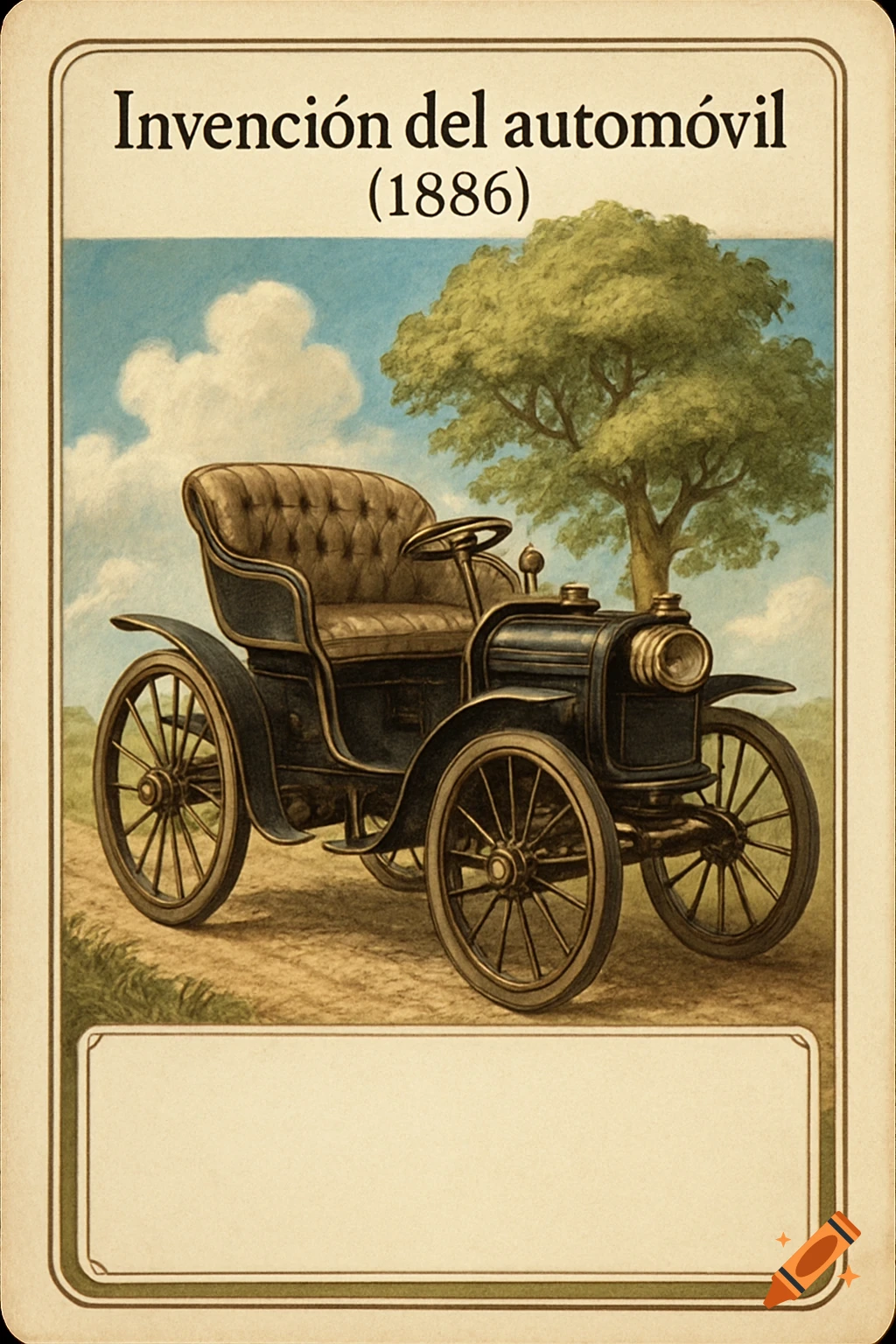 Illustrated historical card featuring an 1886 automobile on a dirt road with a tree and blue sky, titled 'Invención del automóvil (1886)'.