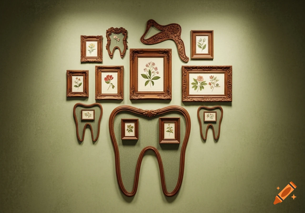 A collection of botanical art prints in ornate wooden frames, some arranged in the shape of teeth, on a green wall.
