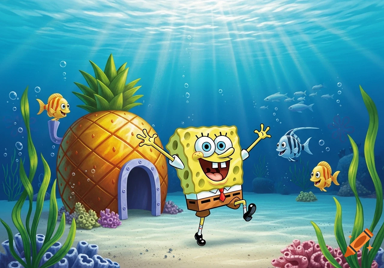 SpongeBob SquarePants happily stands in front of his pineapple house underwater, surrounded by coral, seaweed, and fish.