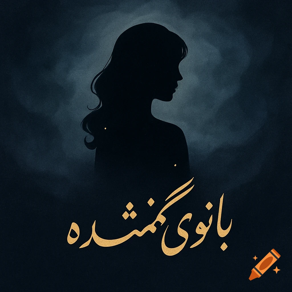 A dark, mysterious silhouette of a woman's head and shoulders looking right, against a foggy dark blue and gray background. Golden Persian calligraphy reads "بانوی گمشده".
