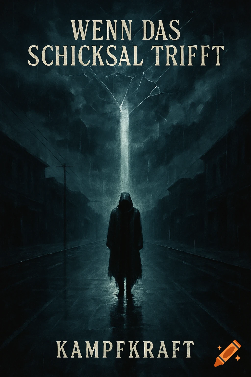 A dark, cinematic cover art of a hooded figure standing on a wet street at night, illuminated by a beam of light from a cracked sky. Text: "Wenn das Schicksal trifft" and "Kampfkraft".
