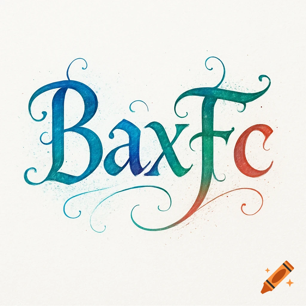 Decorative calligraphy of 'BaxFc' in a blue, green, and red gradient with flourishes on a white background.