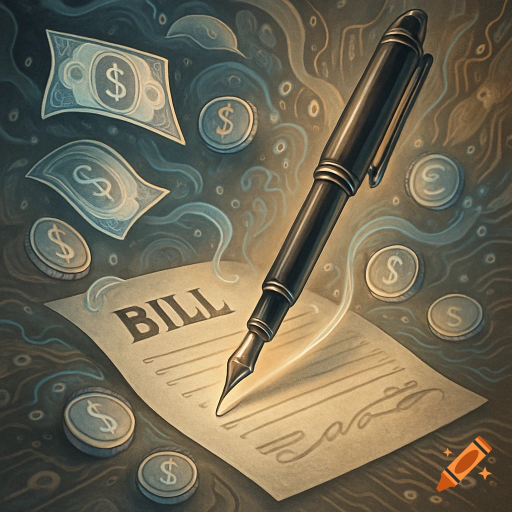 An artistic drawing of a fountain pen writing on a document labeled 'BILL', surrounded by floating dollar bills and coins, all against a dark, swirling background.