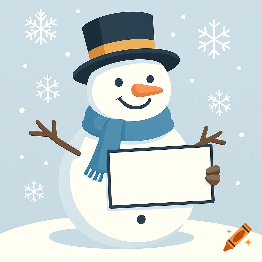 A friendly cartoon snowman wearing a black top hat and blue scarf, holding a blank white sign in a snowy landscape.