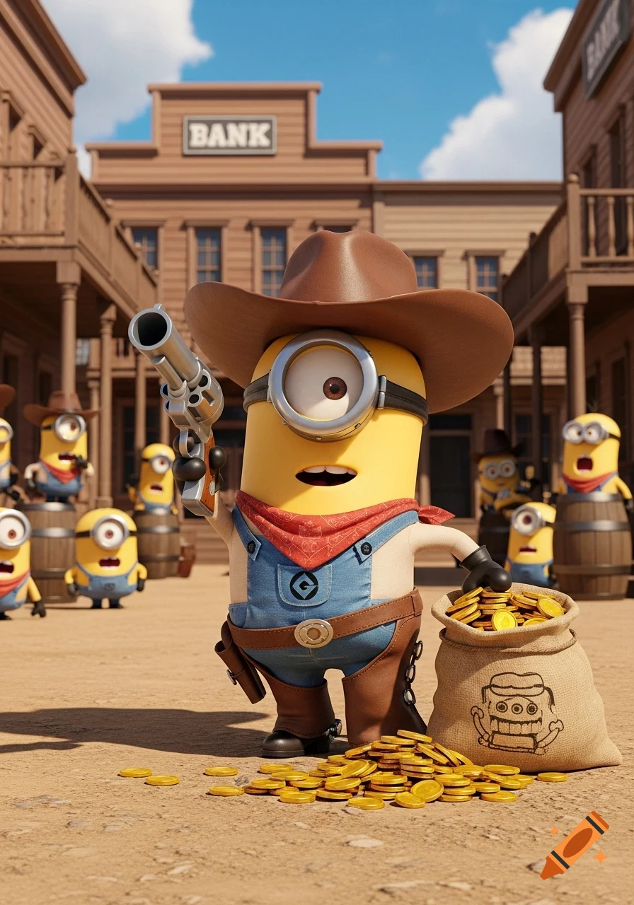 A cowboy Minion, holding a gun and a bag of gold, stands in a dusty Western town with a 'BANK' building. Other Minions are in the background.