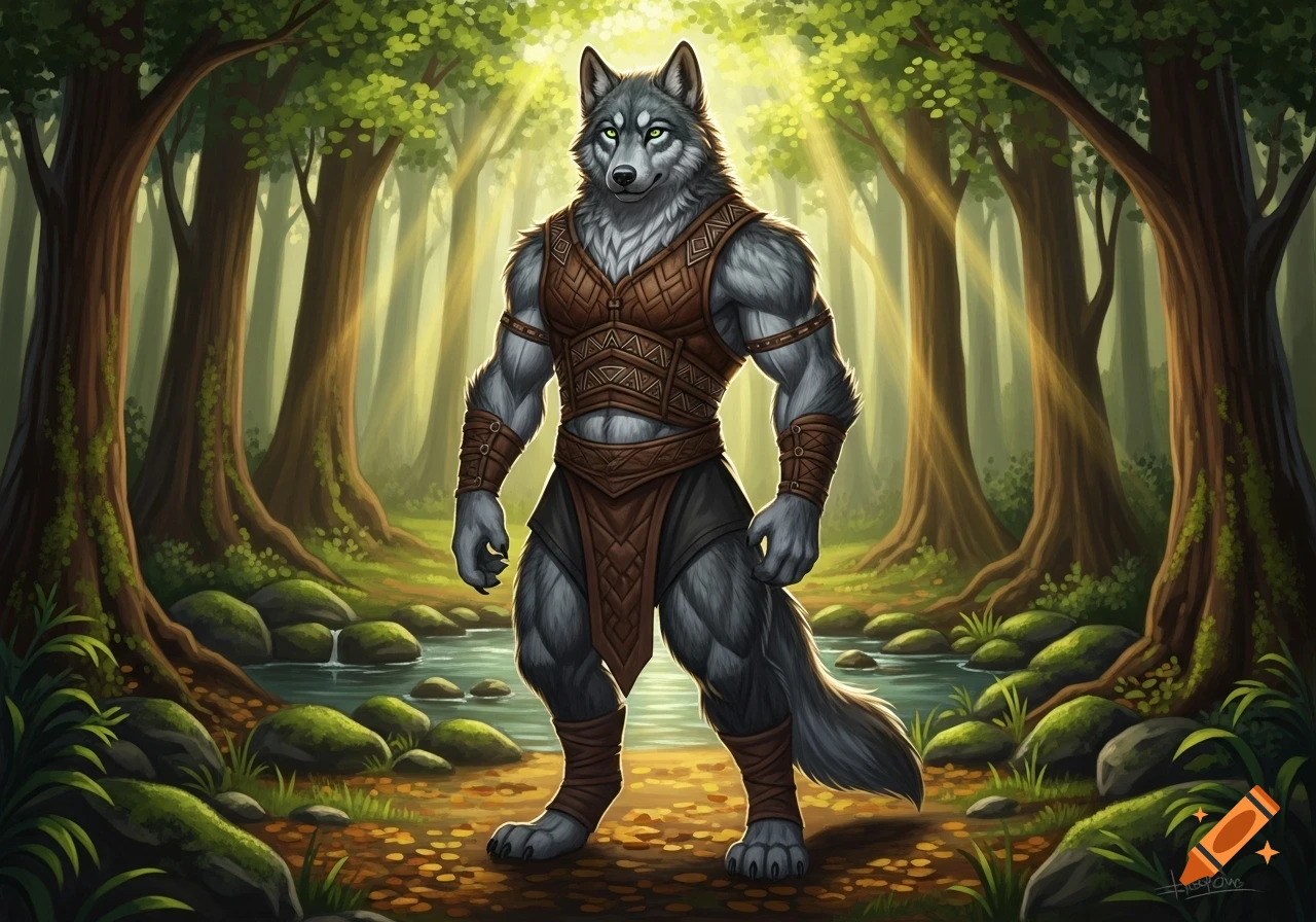 A muscular, gray male anthropomorphic wolf in tribal armor stands in a sun-drenched forest with a stream, in a fantasy art style.